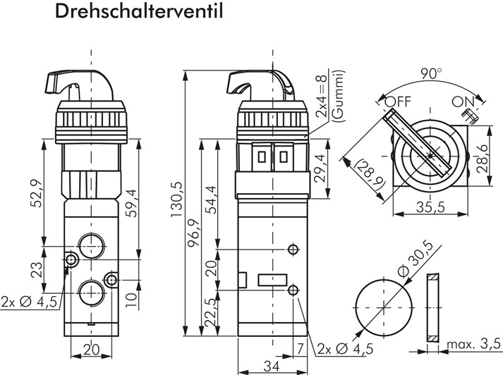 5/2-Wege Ventil G 1/4" (Abluft G 1/8"), Drehschalter schwarz