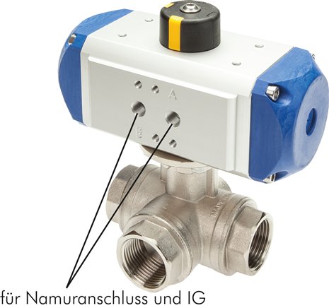Pneumat. 3-Wege-Kugelhahn (T1), doppeltwirkend, FKM-Dichtung, G 1-1/2", MS