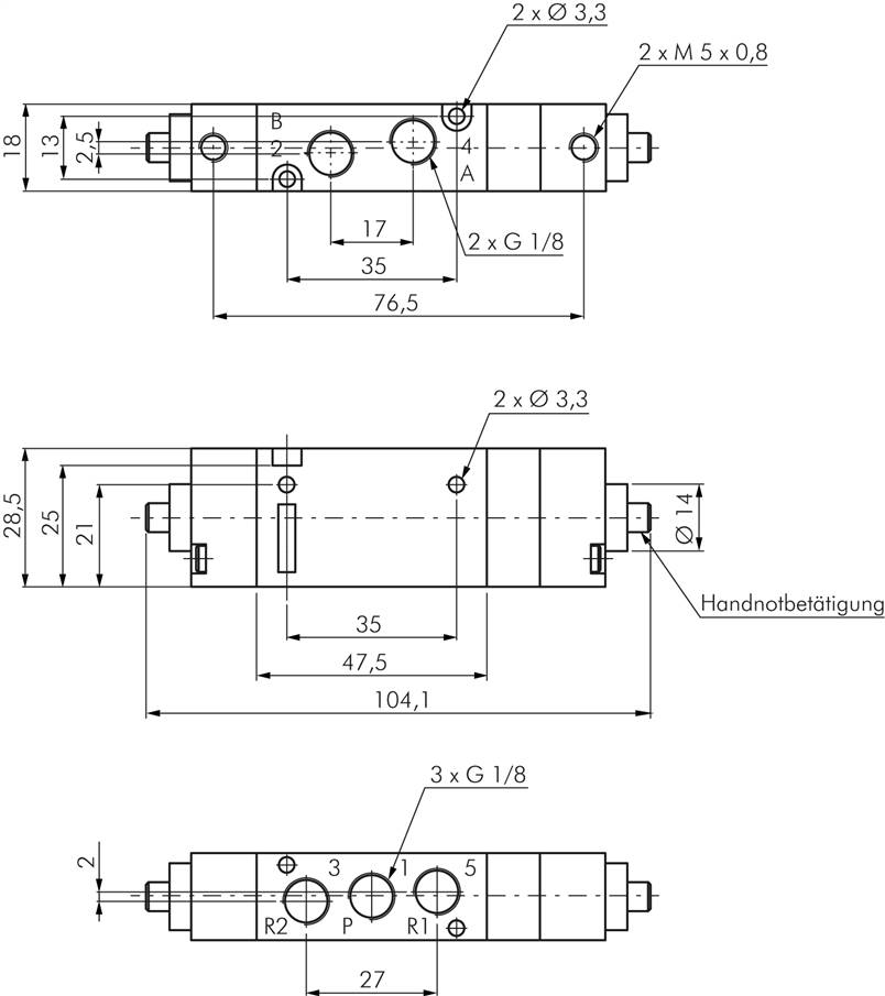 5/3-Wege Pneumatikventil, G 1/8" (Pilot M5), Mittelstellung geschlossen