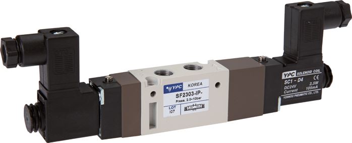 5/3-Wege Magnetventil, G 1/8", Mittelstellung belüftet, 24 V=, Pilot: Polyamid
