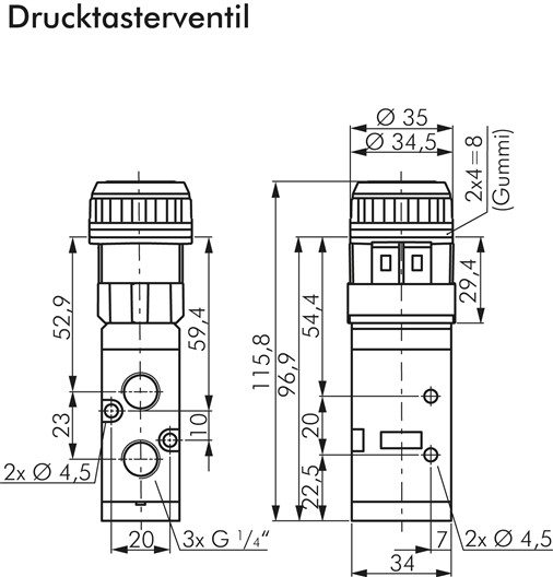 5/2-Wege Ventil G 1/4" (Abluft G 1/8"), Drucktaster grün