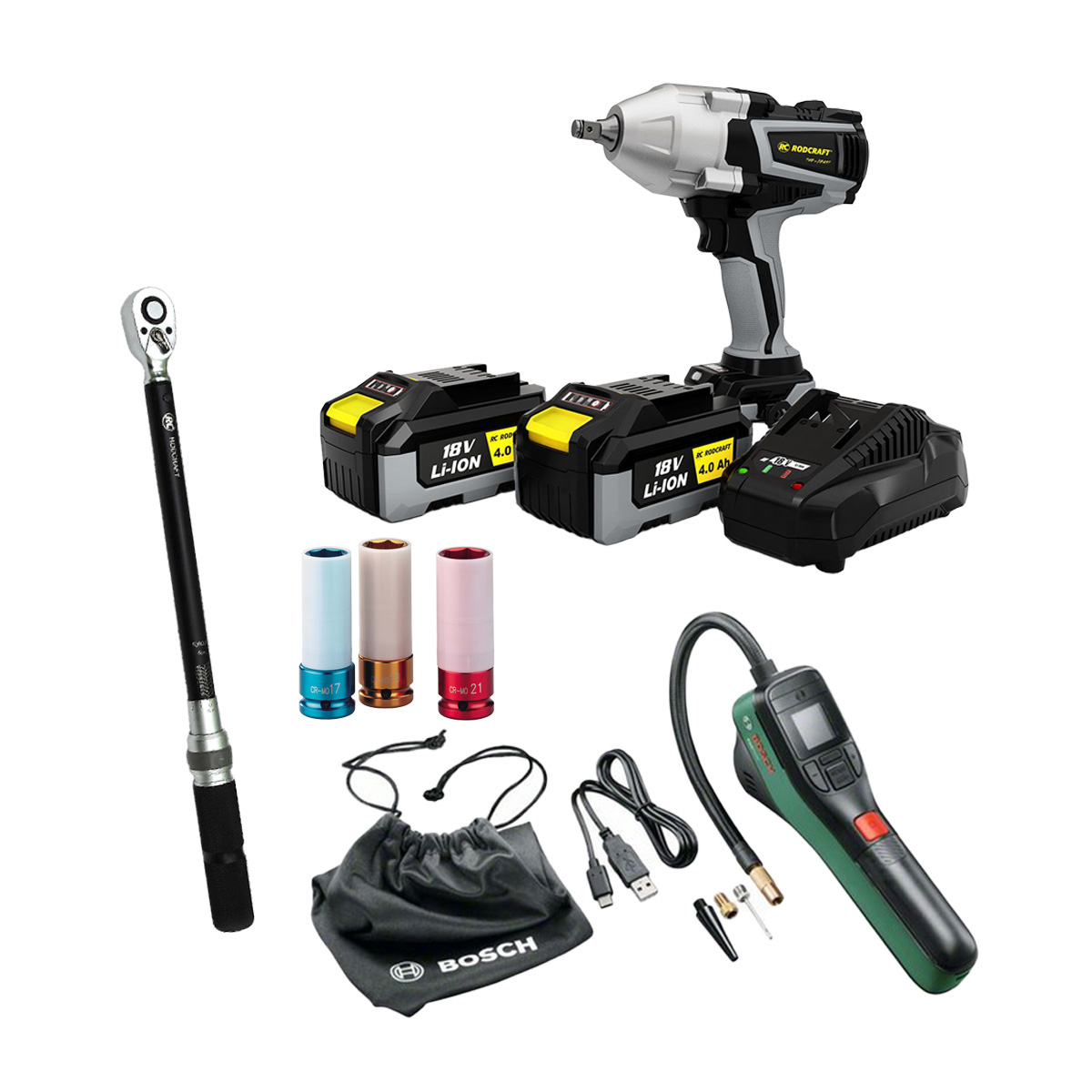 AKTION Reifenwechsel Set: Rodcraft Schlagschrauber  "eBeast" + BOSCH EasyPump + AGRE 1/2"-Steckschlüssel-Set + KS Tools Drehmomentschlüssel G1/2"