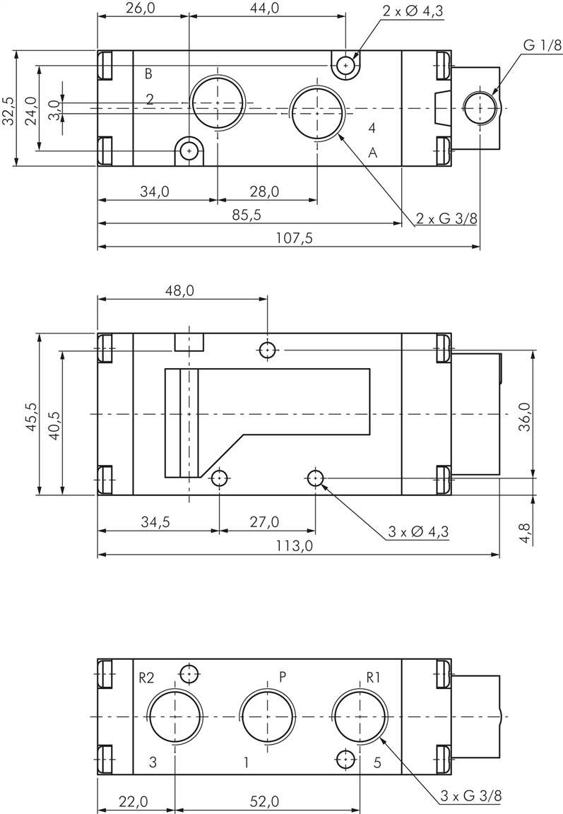 5/2-Wege Pneumatikventil, G 3/8" (Pilot G 1/8"), Federrückstellung