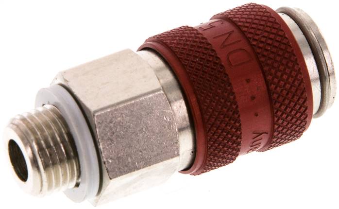 Schnellkupplung (NW5) G 1/8"(AG), Messing vernickelt, für Stecker beidseitig absperrend, rot