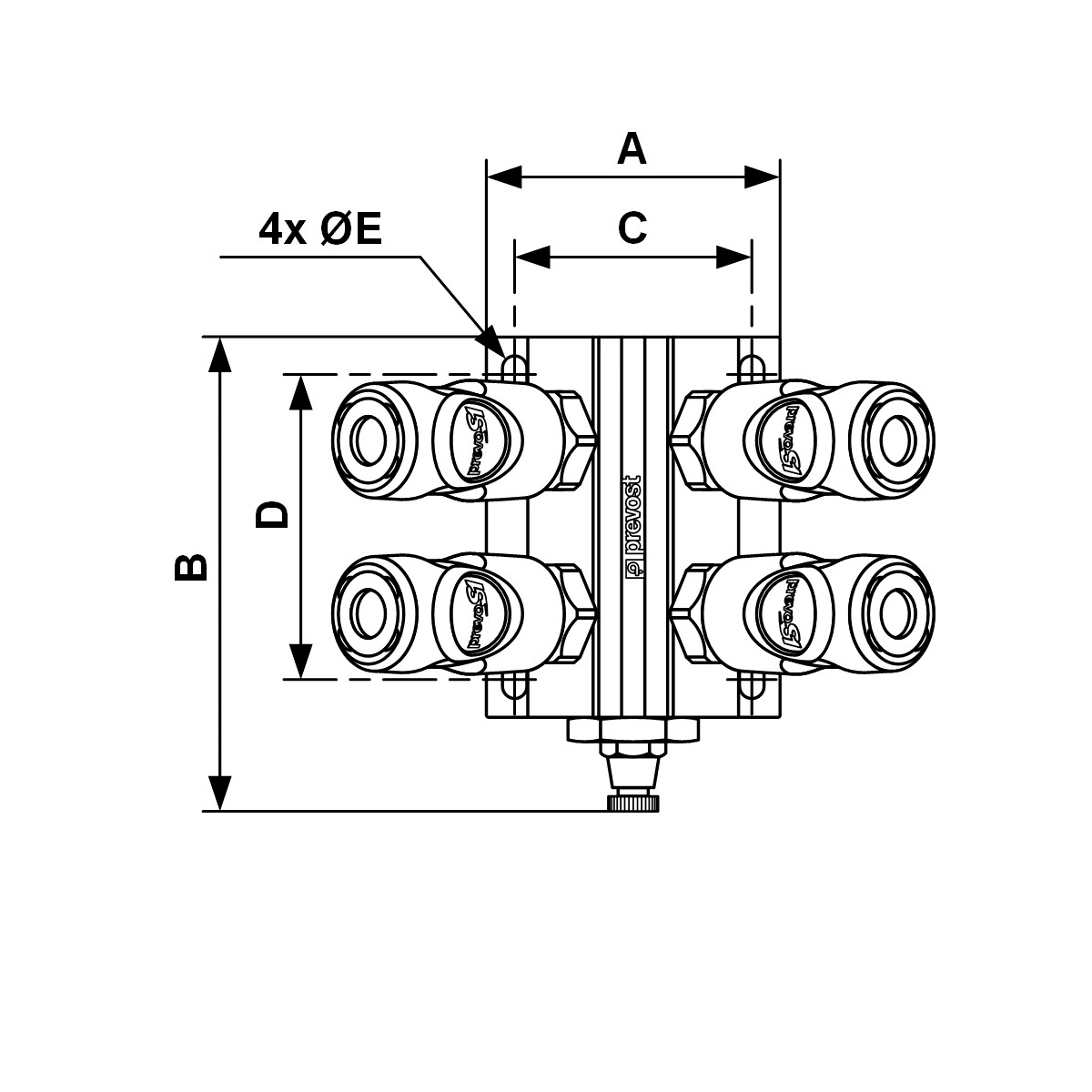 PREVOST-ROHRLEITUNGSDOSE mit Innengewinde - Kupplung  und Ablass - European Profile - Durchgang 7,4 mm