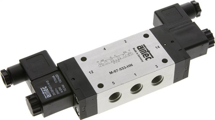 5/3-Wege Magnetventil, G 1/4", Mittelstellung entlüftet, 230 V AC