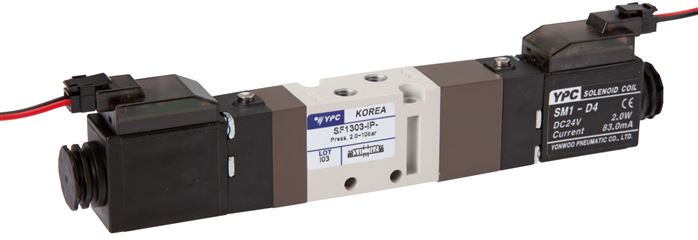5/3-Wege Magnetventil, M 5, Mittelstellung geschlossen, 24 V=, Stecker SY100, mit LED inkl. 600 mm Kabel