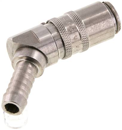 Temperier-Schnellkupplung (Winkel 45°) 9mm Zapfen, 9 (3/8")mm Schlauch, Edelstahl, ohne Ventil