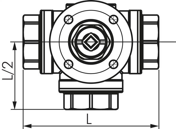 3-Wege-Kugelhahn, Direktmontageflansch G 2", L-Bohrung, Messing