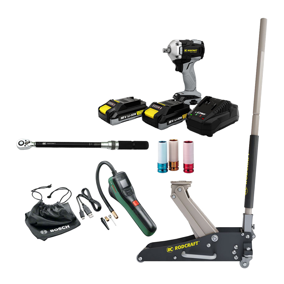 AKTION Reifenwechsel Set:Rodcraft Schlagschrauber + Rangierwagenheber 1,5t + BOSCH EasyPump + AGRE 1/2"-Steckschlüssel-Set + KS Tools Drehmomentschlüssel G1/2"