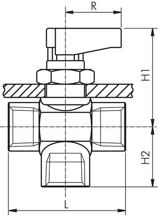 3-Wege T-Kugelhahn, Messing, L-Bohrung, G 3/8", PN 20, Messing verchromt, Dichtung: PTFE / NBR