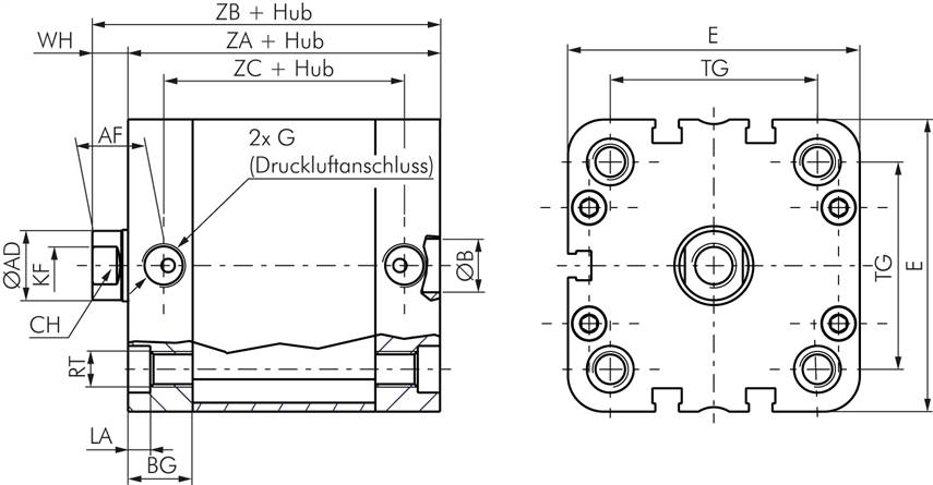 ISO 21287-Zylinder, doppeltw., Kolben 25mm, Hub 25mm, Kolbenstange AG