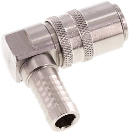 Temperier-Schnellkupplung (Winkel 90°) 13mm Zapfen, 13 (1/2")mm Schlauch, Edelstahl, für Stecker beidseitig absperrend