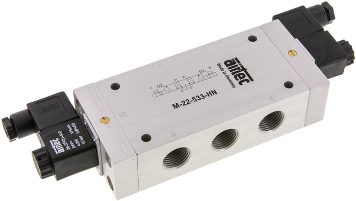 5/3-Wege Magnetventil, G 1/2", Mittelstellung entlüftet, 12 V=