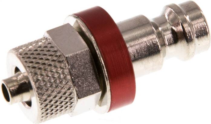 Kupplungsstecker (NW5) 6x4mm Schlauch, Messing vernickelt, rot, Messing vernickelt