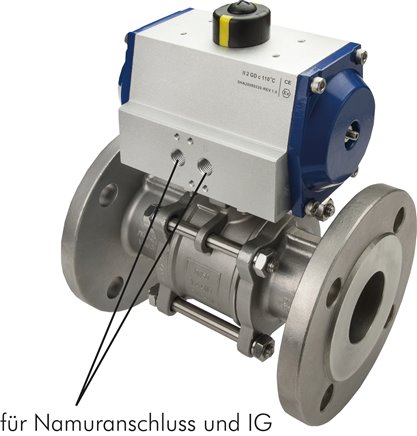 Pneum. 3-tlg. Flanschkugelh., DN80-PN40 (DIN/EN), Feder-schließend