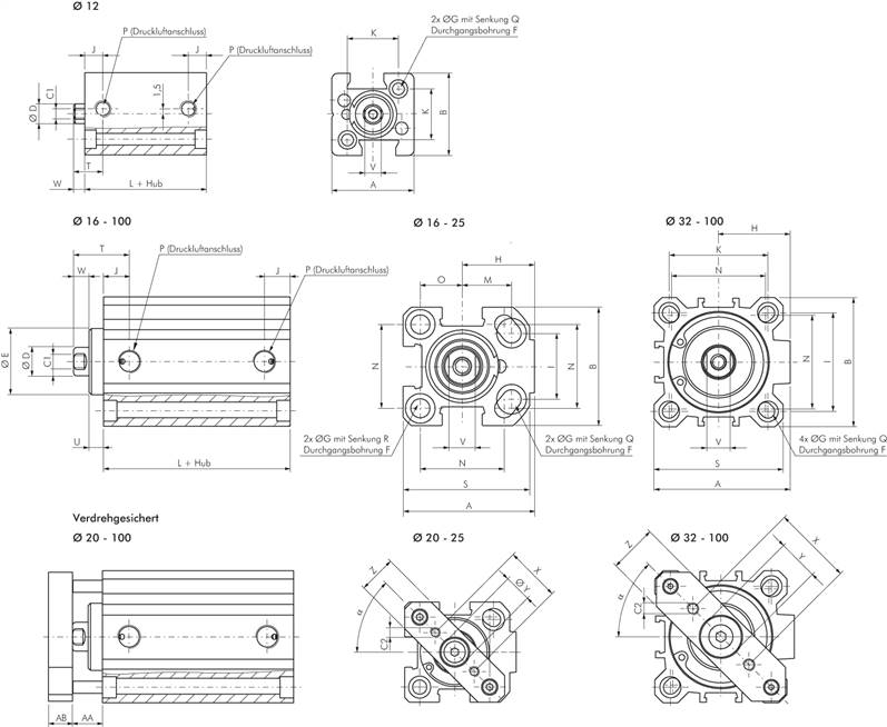 Kurzhubzylinder, einfachwirkend, Kolben 20mm, Hub 25mm