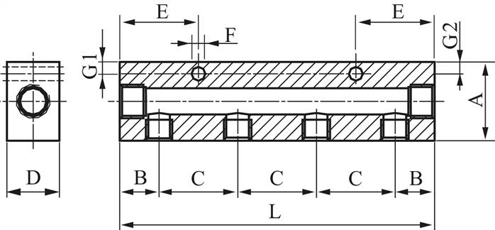 Verteilerleiste 2 x G 1/2"-2 x G 1/4", Aluminium eloxiert