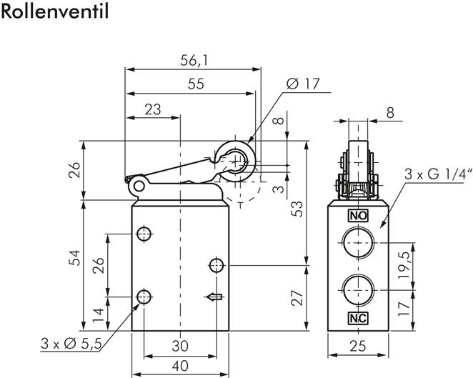 3/2-Wege Endschalter G 1/4", Stahlrolle (kugelgelagert)