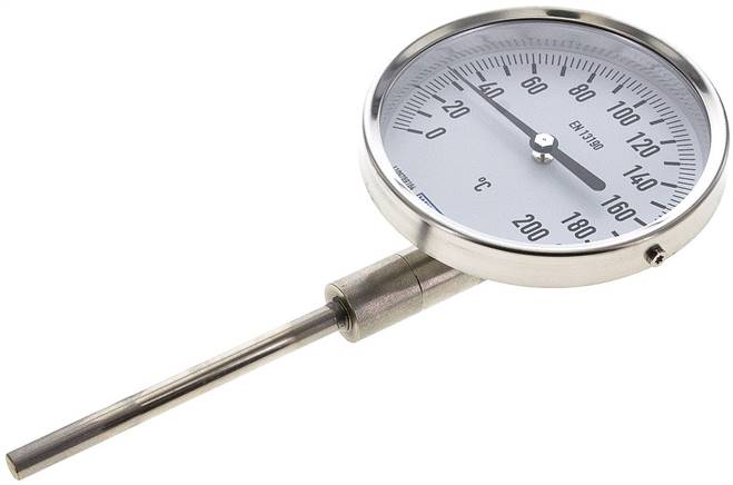 Bimetallthermometer, senkrecht D100/0 bis +200°C/100mm, Edelstahl