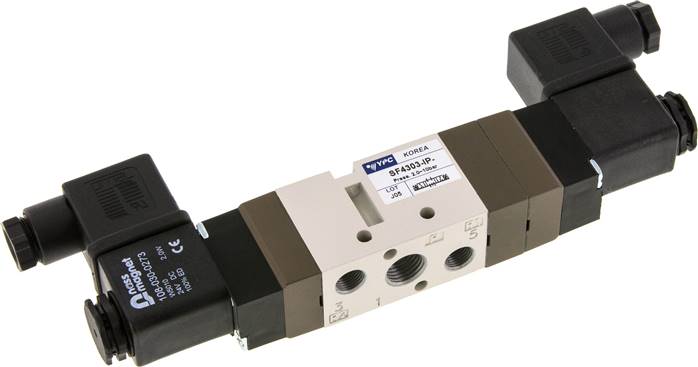 5/3-Wege Magnetventil, G 1/4" (Abluft G 1/8"), Mittelstellung geschlossen, 230 V