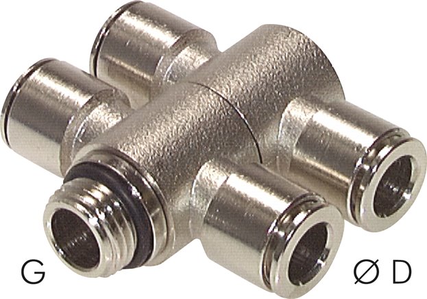 Kompakt-Steckanschluss, T-Stück, zweifach, MS vernickelt, Schlauch D 04 mm, Anschluss M5