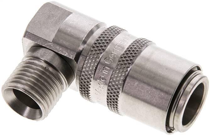 90°-Temperier-Schnellkupplung 13mm Zapfen,M 16x1,5(AG), Edelstahl, für Stecker beidseitig absperrend