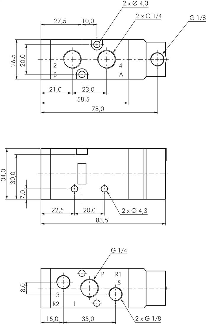 5/2-Wege Pneumatikventil, G 1/4" (Pilot u. Abluft G 1/8"), Federrückstellung