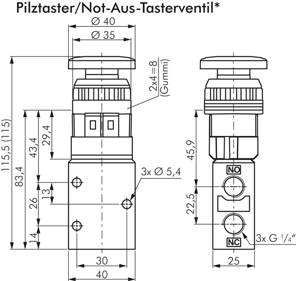 3/2-Wege Ventil G 1/4", Not-Aus-Taster rot