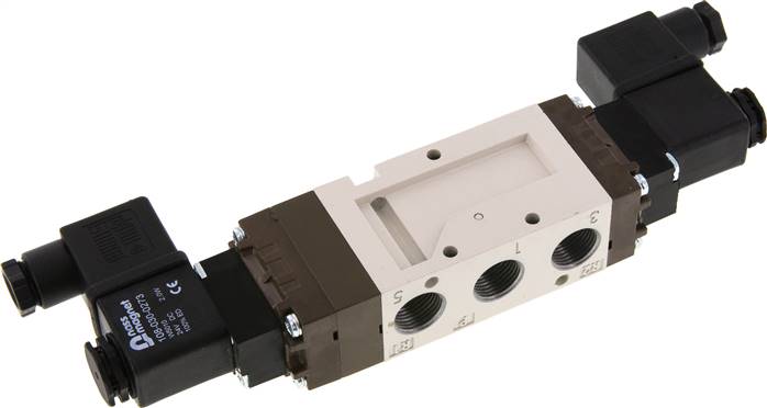 5/3-Wege Magnetventil, G 3/8", Mittelstellung geschlossen, 24 V=