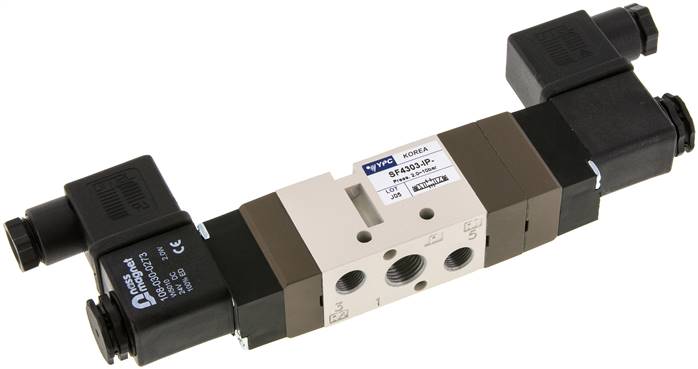 5/3-Wege Magnetventil, G 1/4" (Abluft G 1/8"), Mittelstellung geschlossen, 24 V