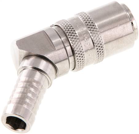 Temperier-Schnellkupplung (Winkel 45°) 13mm Zapfen, 13 (1/2")mm Schlauch, Edelstahl, für Stecker beidseitig absperrend