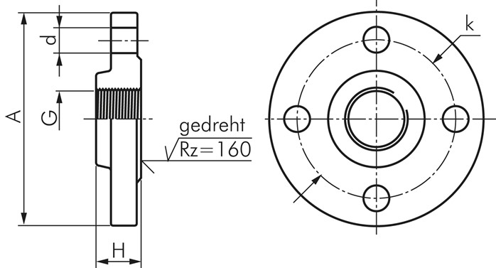 Gewindeflansch DN125-PN16 (DIN/EN), Rp 5", DIN 2566 & EN 1092-1 (Typ 13), Stahl