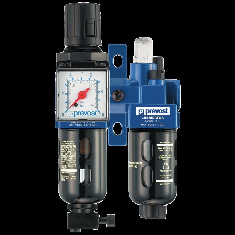 PREVOST ALTO 1 - Doppelblock - Filterregler, Manometer und Öler mit Wandbefestigungsset G1/8''