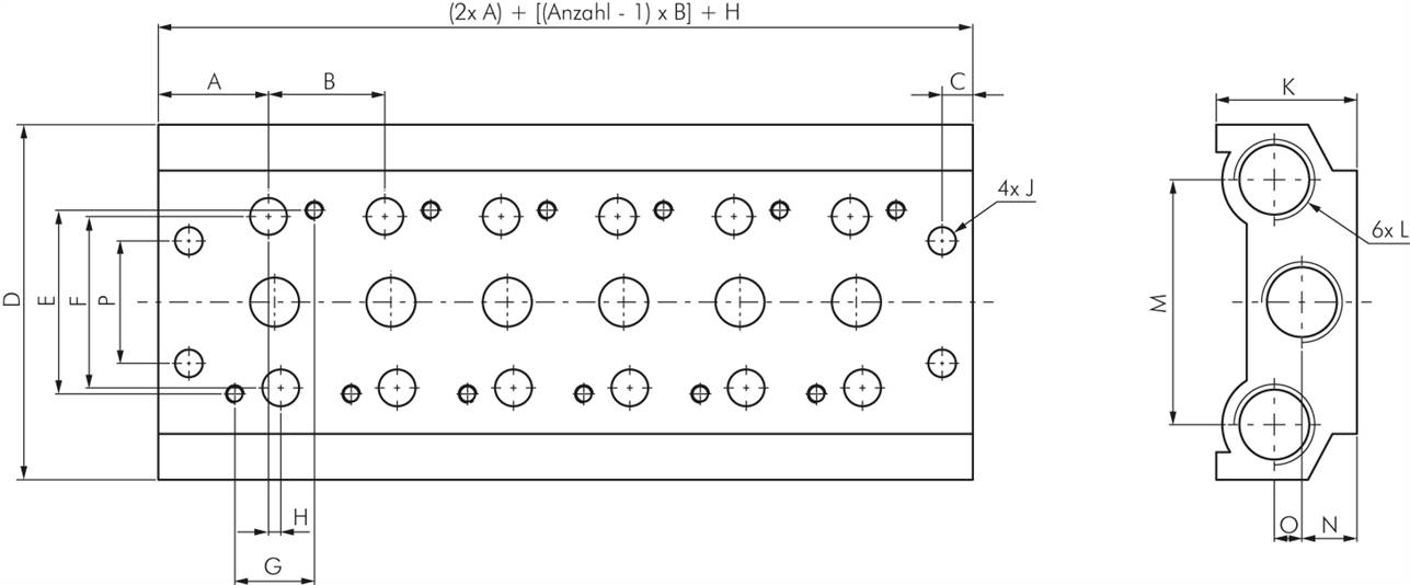 Mehrfachanschlussplatte (8-fach) für 5/2-Wege & 5/3-Wege Ventile zu V 53-8