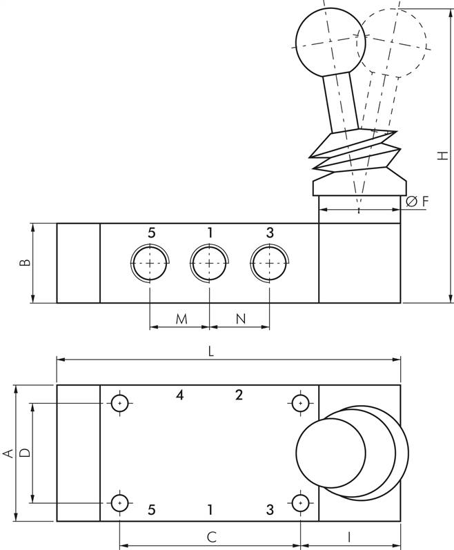 5/3-Wege Handhebelventil, Mittelstellung geschlossen, Raste, G 1/8"