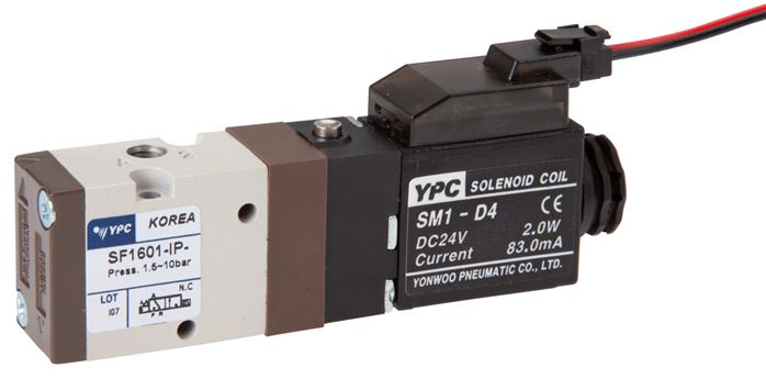 3/2-Wege Magnetventil, M 5, Federrückstellung (NC), 24 V=, Stecker SY100, mit LED inkl. 600 mm Kabel