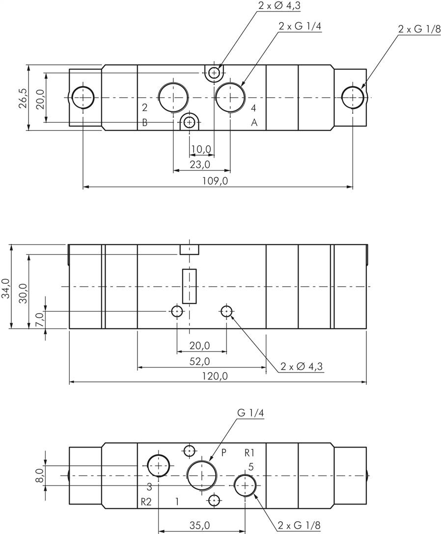 5/3-Wege Pneumatikventil, G 1/4" (Pilot u. Abluft G 1/8"), Mittelstellung entlüf