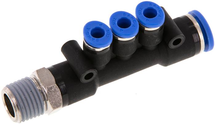 Steckanschluss-Mehrfachvert. R 1/4"-8mm-4mm, IQS-Standard 3 Abgänge