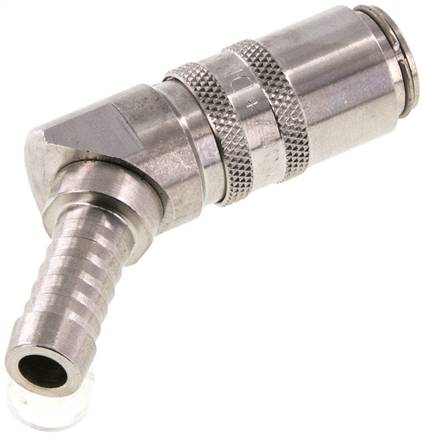 Temperier-Schnellkupplung (Winkel 45°) 9mm Zapfen, 9 (3/8")mm Schlauch, Edelstahl, für Stecker beidseitig absperrend