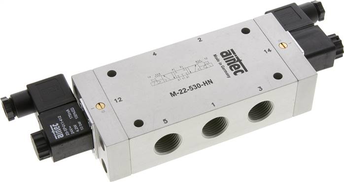 5/3-Wege Magnetventil, G 1/2", Mittelstellung geschlossen, 24 V=