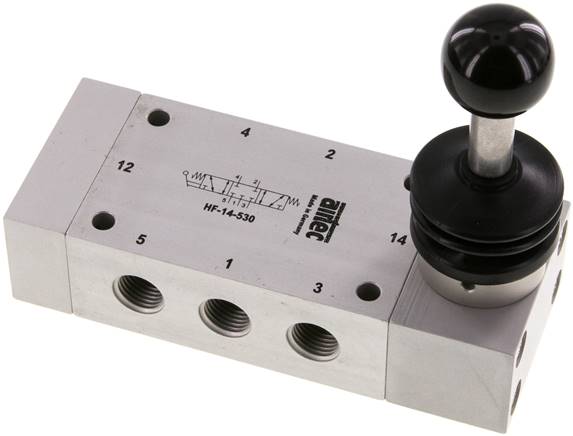 5/3-Wege Handhebelventil, Mittelstellung geschlossen, Federrückstellung, G 1/4"