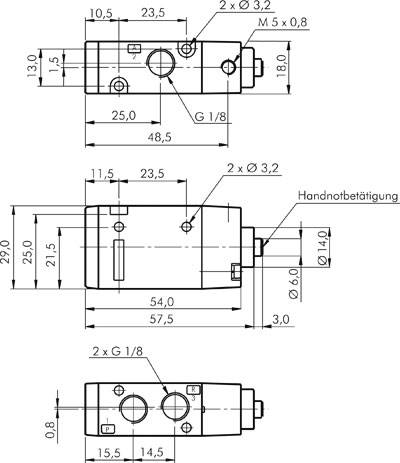 3/2-Wege Pneumatikventil, G 1/8" (Pilot M5), Federrückstellung (NC)