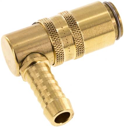 Temperier-Schnellkupplung (Winkel 90°) 9mm Zapfen, 9 (3/8")mm Schlauch, für Stecker beidseitig absperrend mit Entriegelungssicherung