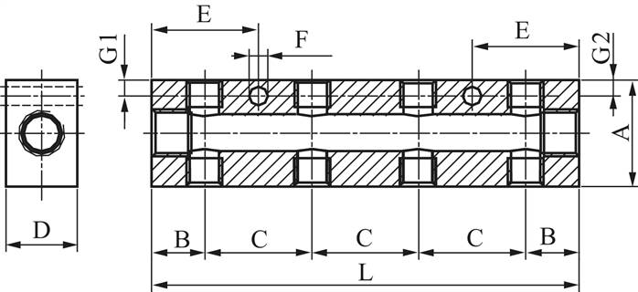 Verteilerleiste 2 x G 3/8"-4 x G 1/4", Aluminium eloxiert, doppelseitig