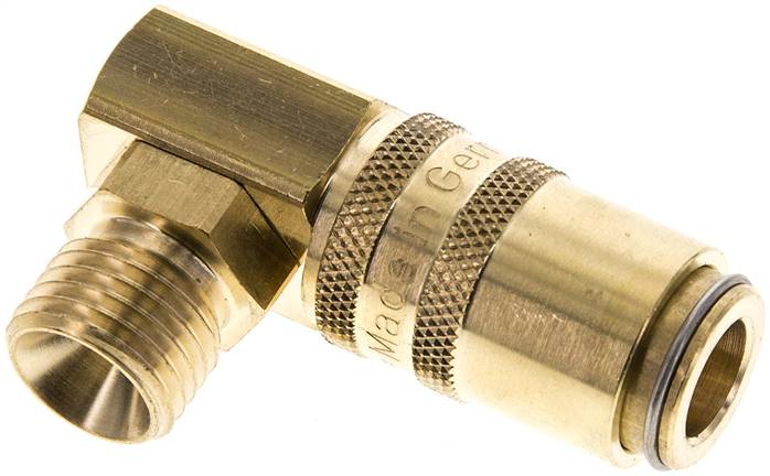 90°-Temperier-Schnellkupplung 9mm Zapfen,M 14x1,5(AG), Messing, für Stecker beidseitig absperrend