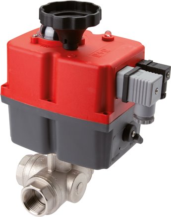 Elektr. 3-Wege-Kugelhahn (T3), G 1-1/4", 24 bis 240 V (AC) / 24 bis 135 V (DC), Edelstahl - PN63
