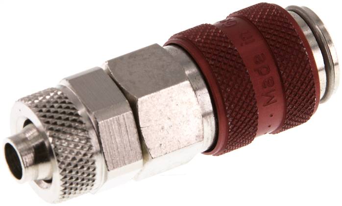 Schnellkupplung (NW5) 8x6mm Schlauch, Messing vernickelt, für Stecker beidseitig absperrend, rot