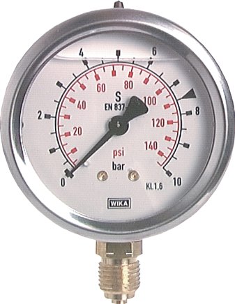Glycerin-Manometer senkrecht (CrNi/Ms), 63mm, 0 - 16 bar