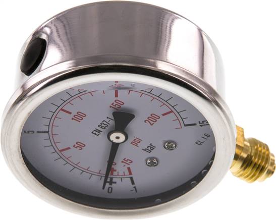 Glycerin-Manometer senkrecht (CrNi/Ms), 63mm, -1 bis 15 bar -Eco-Line